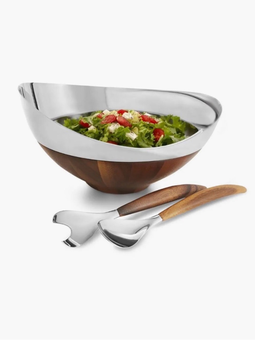 Nambe Pulse Mixed-Material Salad Bowl with Wood-Handled Servers — Silver & Brown
